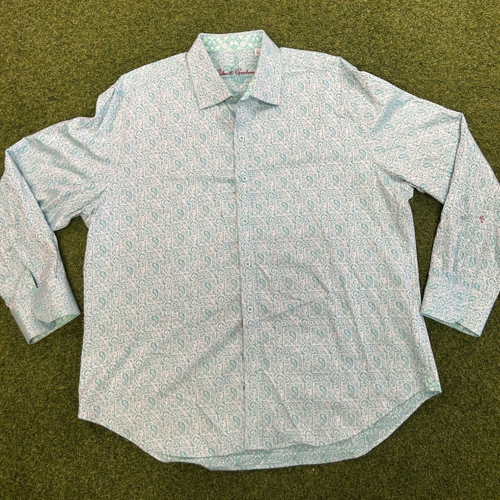 Robert Graham Mens 3XL Classic Fit Teal Paisley Tile Print Long Sleeve Shirt